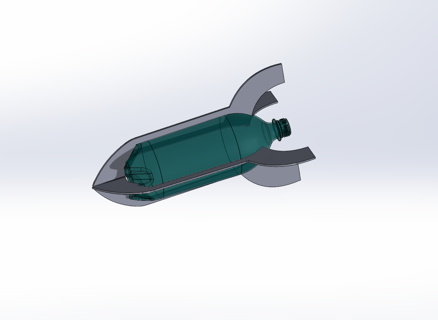 SolidWorks CAD of the transparent external skeleton, the pointed nose and fins, fitted over the plastic soda bottle