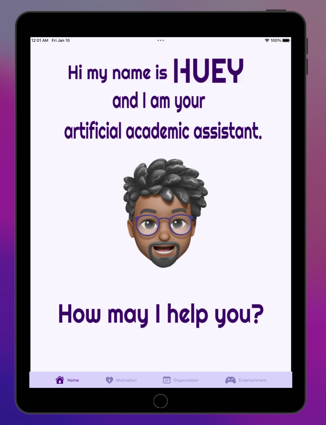 Huey welcome screen with the memoji mascot greeting the user: 'Hi, my name is Huey, your artificial academic assistant. How may I help you?'