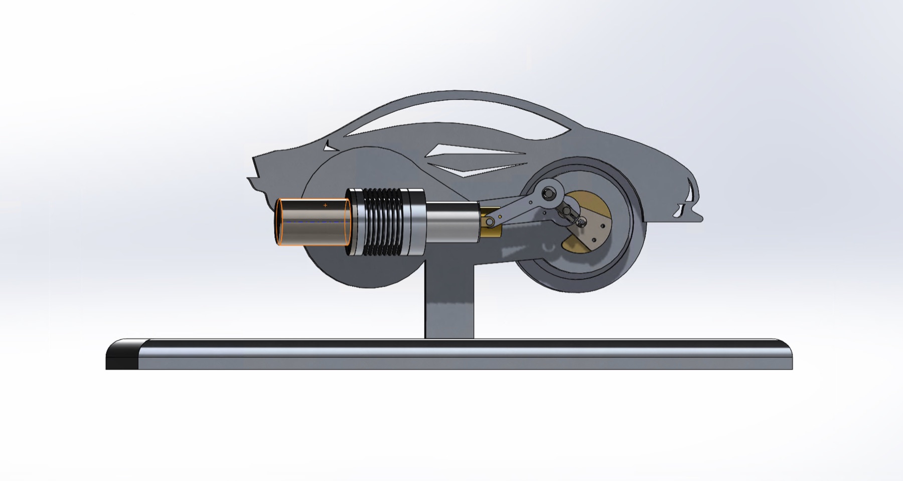 SolidWorks CAD assembly model of the Stirling engine on its stand