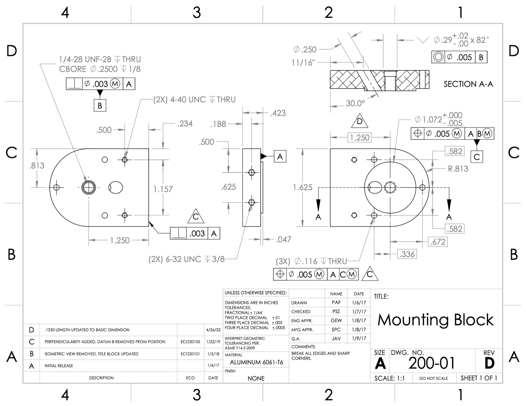 Dimensioned engineering drawing of the mounting block, revision D
