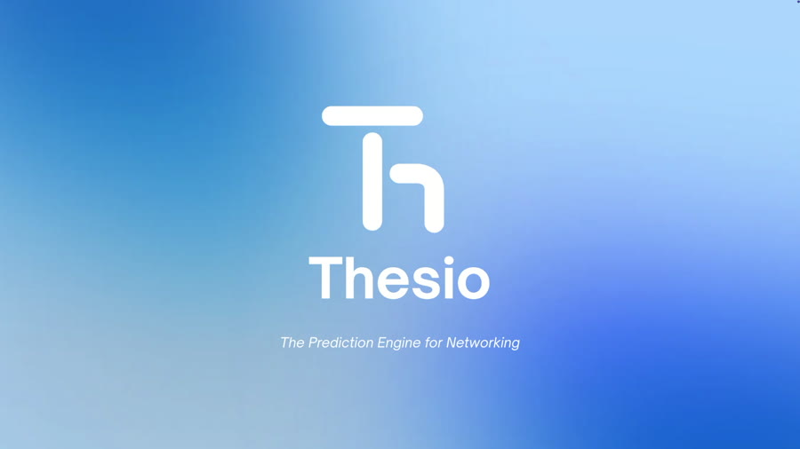 Thesio app: the Thesio logo over a blue gradient with the tagline The Prediction Engine for Networking