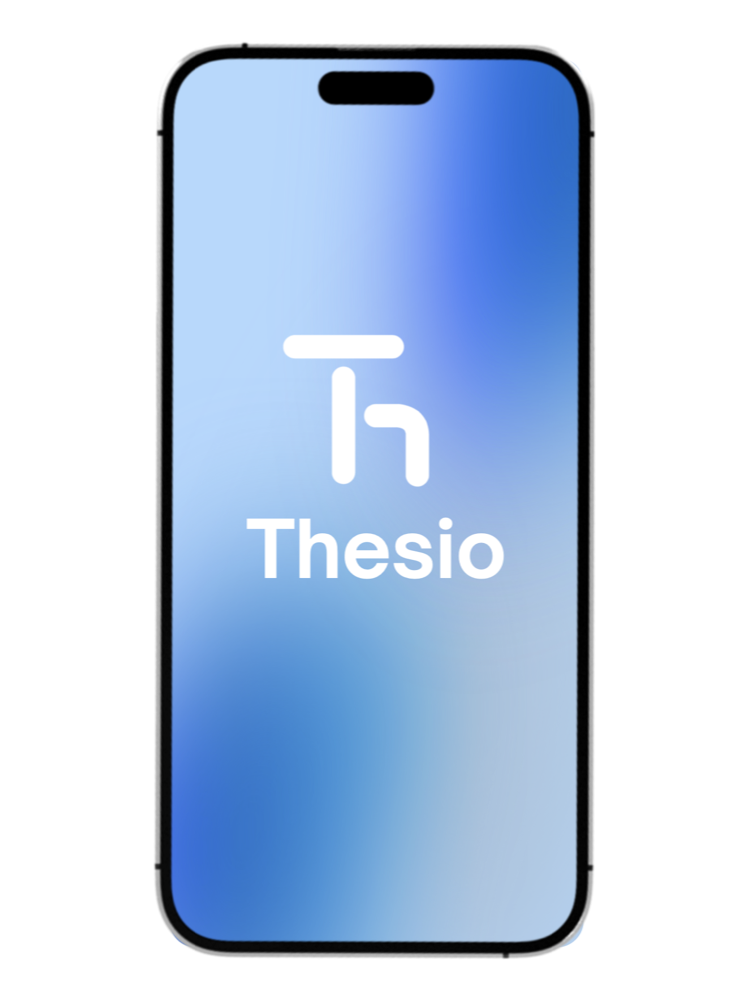 Thesio launch screen with the logo over a blue gradient