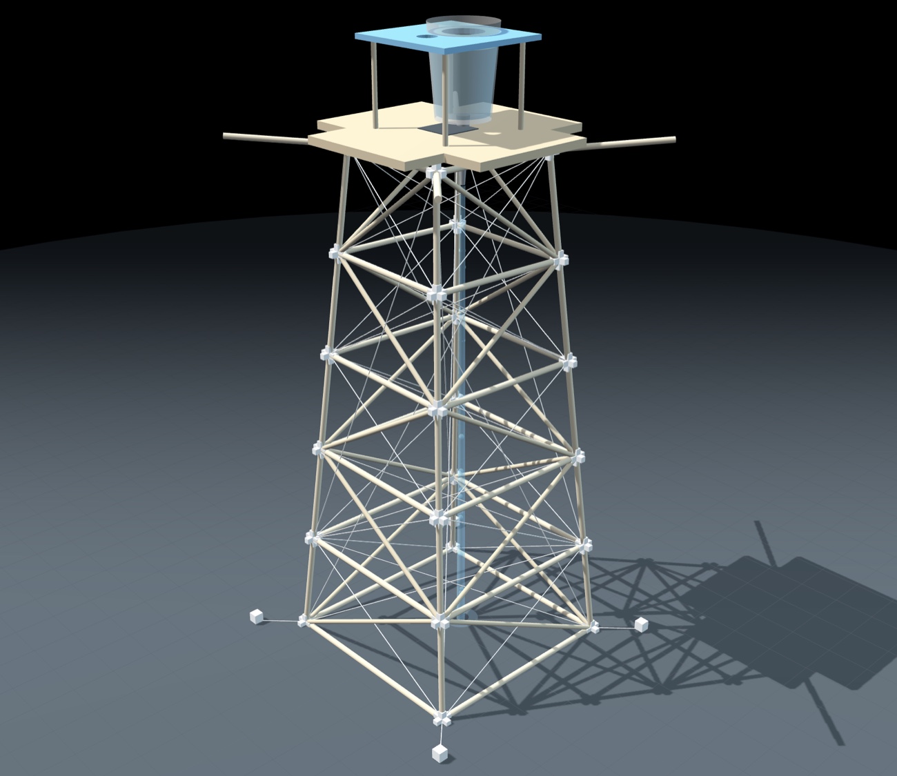 CAD render of the dowel-truss water-jet tower with its tank platform on top